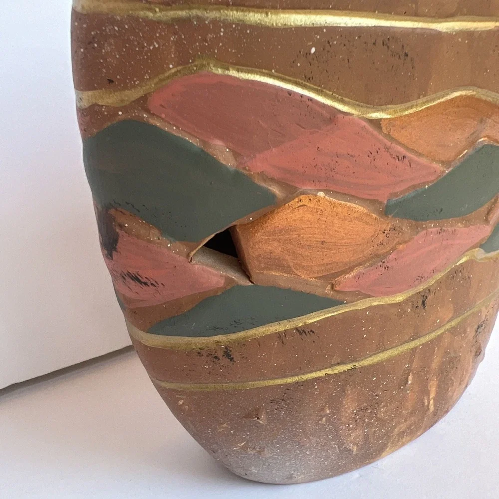 VTG Southwestern Boho Pottery Vase Terra Cotta Pierced Rustic Decor 7